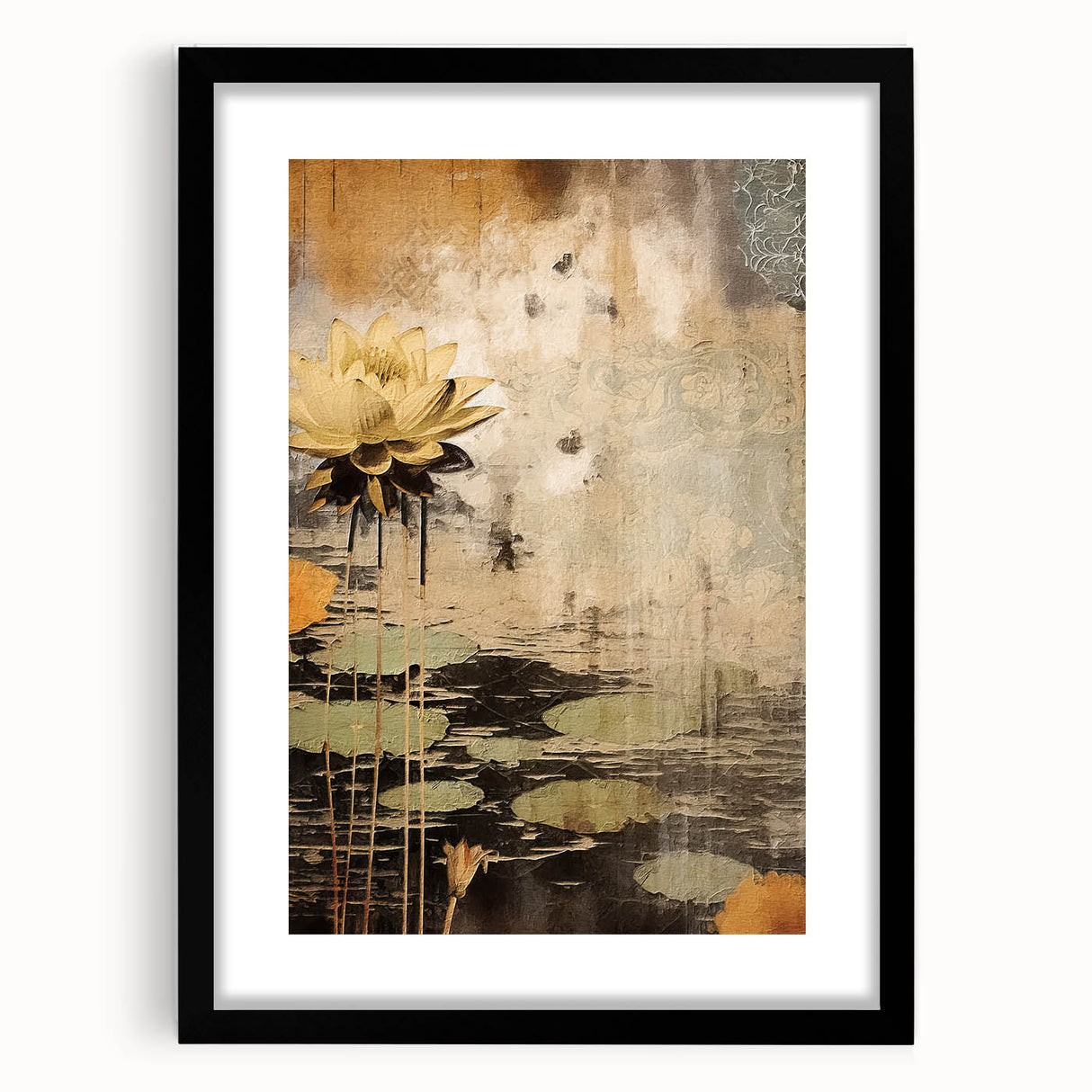Elegant abstract floral wall art framed in black with a white mat, showcasing vibrant colors and intricate designs, perfect for enhancing home decor aesthetics.
