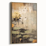Framed abstract floral wall art in gold tones, showcasing vibrant colors and intricate designs, elegantly displayed from the side for a modern home decor accent.