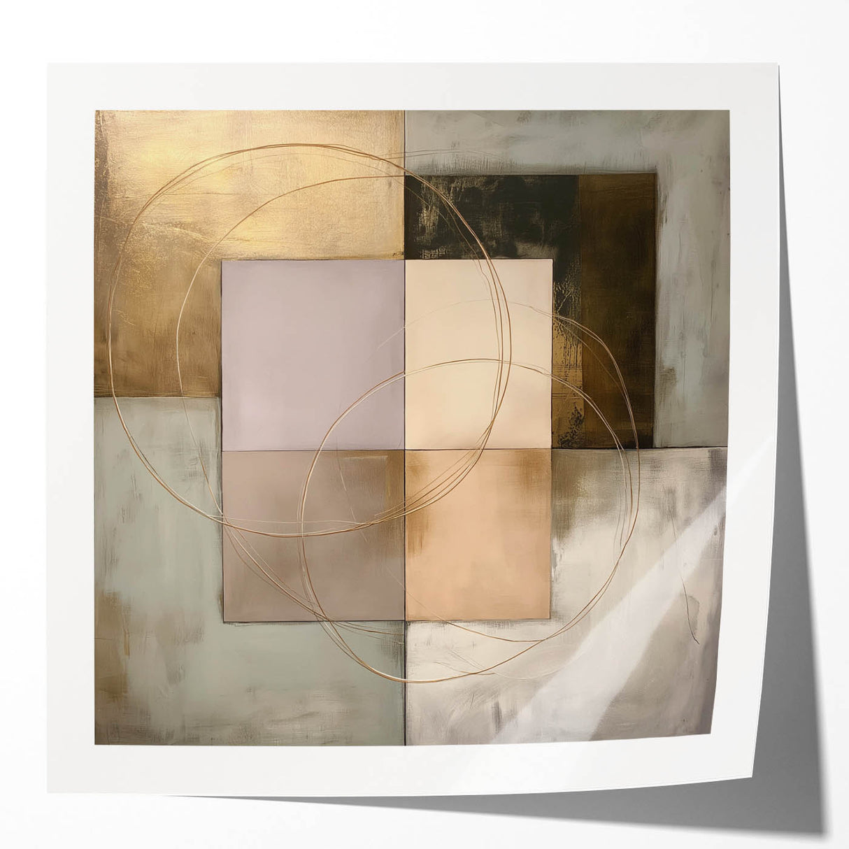 Abstract geometric art print mockup featuring a glossy finish, showcasing vibrant shapes and colors against a minimalist background, ideal for modern decor.