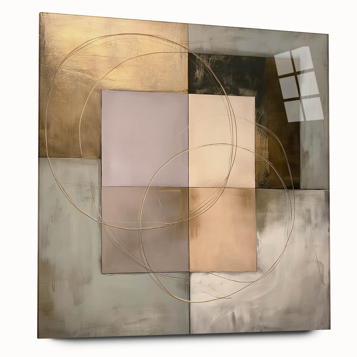 Abstract geometric acrylic glass artwork showcasing a vibrant color palette and intricate design from a side view, ideal for modern decor.