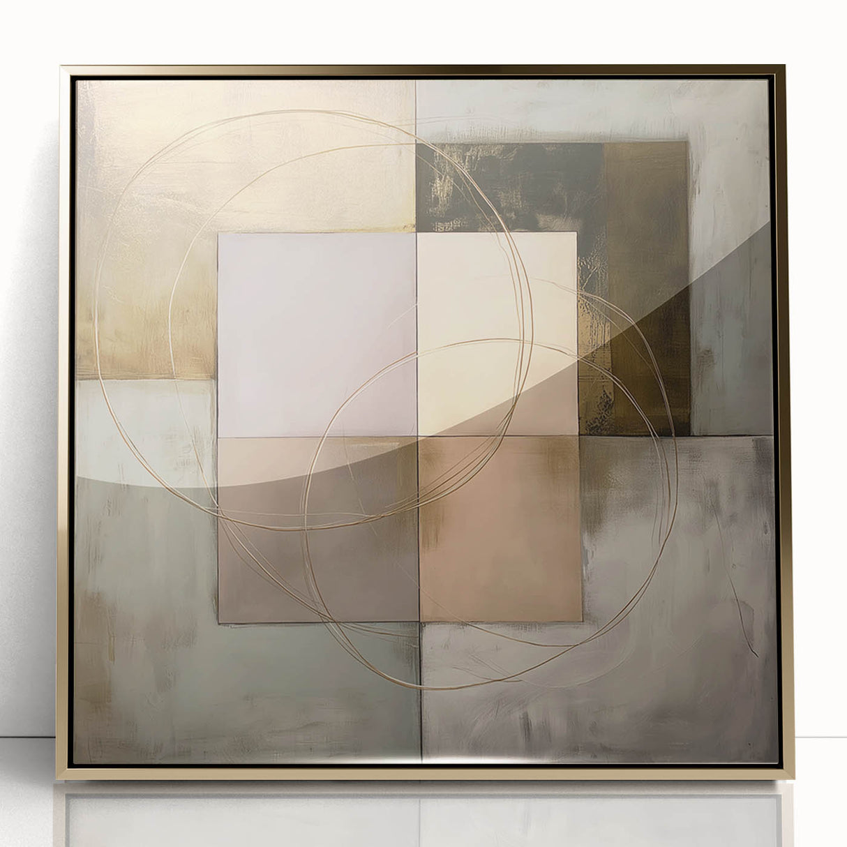 Abstract geometric art print in a gold frame, showcasing a modern design with sharp angles and vibrant colors, ideal for contemporary home decor.