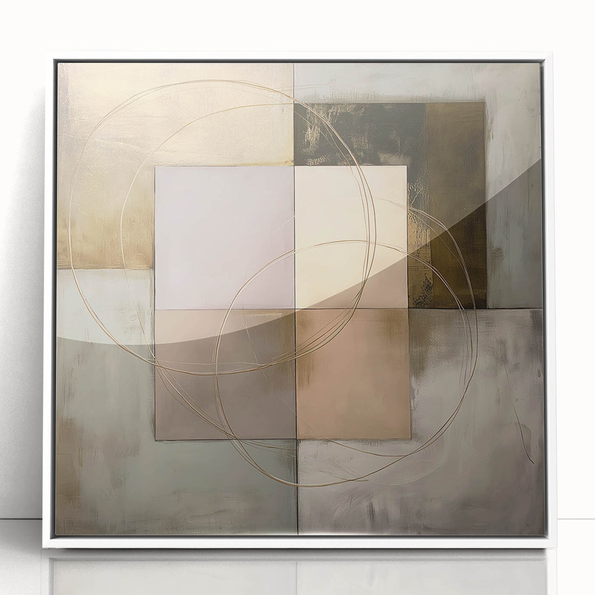 Abstract geometric framed acrylic art piece showcasing a dynamic interplay of shapes and colors, featuring a sleek white frame, ideal for modern decor.