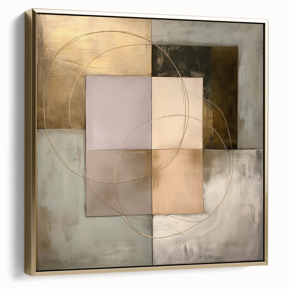 Abstract geometric framed canvas artwork in silver and gold tones, showcasing a modern design with sharp angles and dynamic shapes, perfect for contemporary home decor.