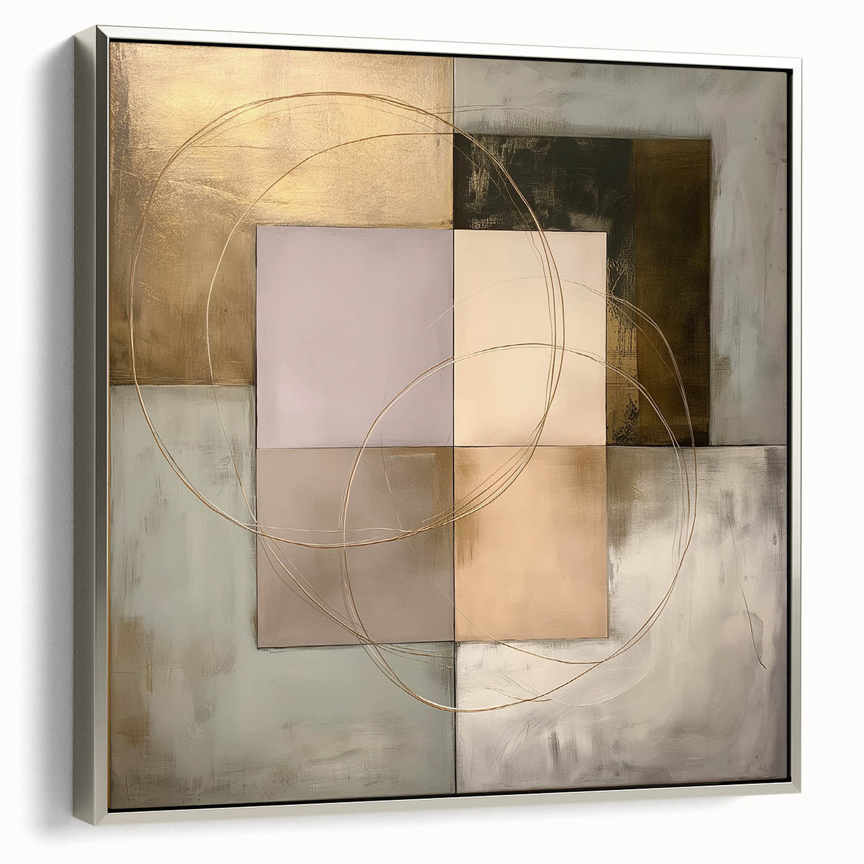 Abstract geometric framed canvas art in silver, showcasing intricate shapes and lines, perfect for modern decor. Ideal for enhancing contemporary living spaces.