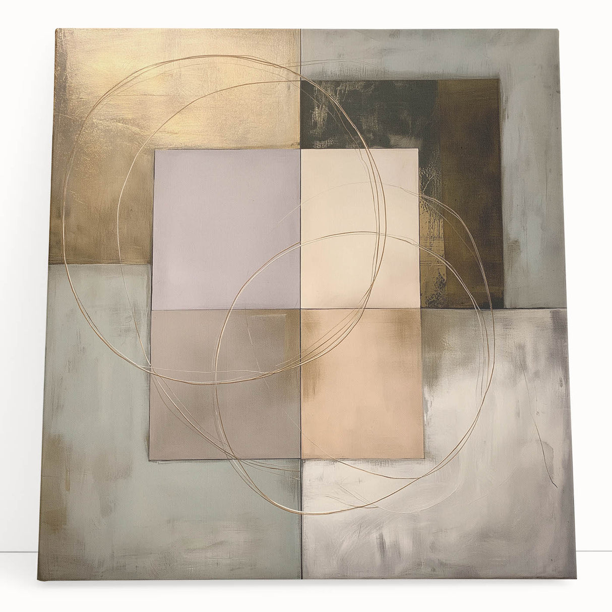 Abstract geometric stretched canvas artwork leaning against a wall, showcasing vibrant colors and intricate patterns, perfect for modern home decor.