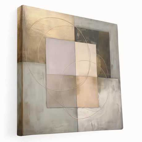 Abstract geometric stretched canvas artwork showcasing vibrant colors and intricate patterns, side view highlighting the depth and texture, ideal for modern decor.