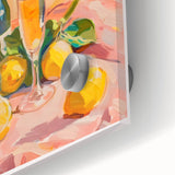 Large abstract wall art in vibrant red and orange tones on acrylic glass, ideal for dining room ambiance.