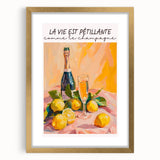 Abstract art print featuring swirling patterns in gold and black, framed with a white mat, ideal for dining room decor.