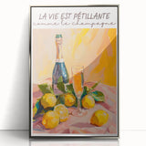 Large art print of a mid-century modernist food and drinks theme in muted colors, framed in silver acrylic.