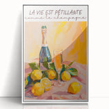 Mid-century modernist art depicting food and drinks in monochrome, acrylic framed poster, suited for modern kitchen decor.