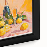 Extra large black wall art featuring a close-up of colorful, textured food and drinks on a framed canvas.