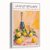 Vintage poster art of assorted beverages on a white framed canvas, featuring colorful art on a black background.