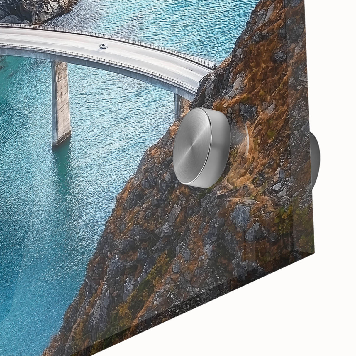 Close-up of a landscape bridge design on acrylic glass, showcasing vibrant colors and fine details, perfect for modern home decor and art enthusiasts.