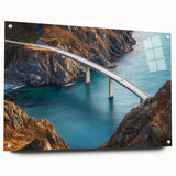 Elegant landscape bridge design in clear acrylic glass, showcasing a unique side view with metallic pins for mounting, perfect for modern home decor.