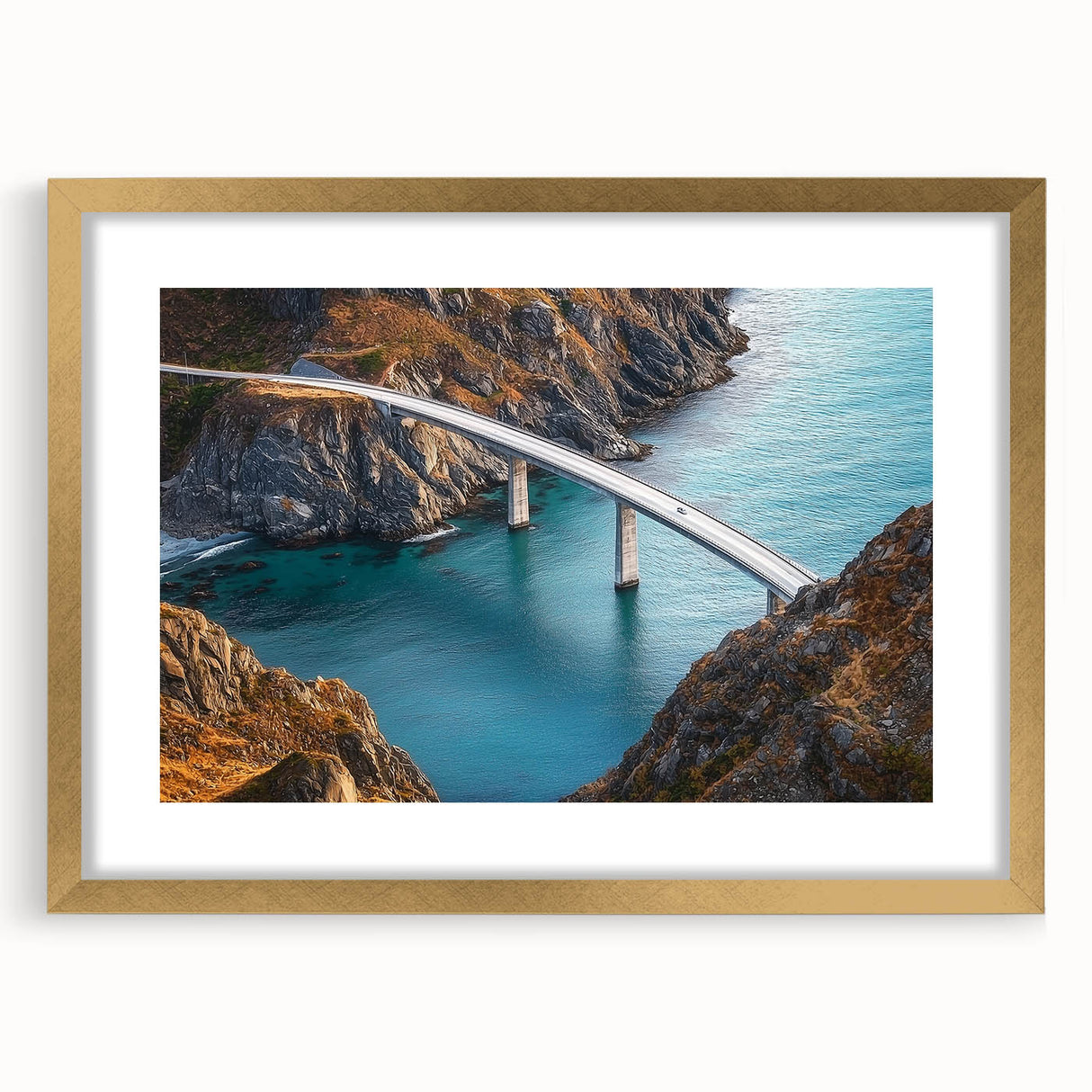 Elegant landscape bridge frame featuring a gold mat, showcasing intricate design details in a front view display, perfect for enhancing home decor aesthetics.