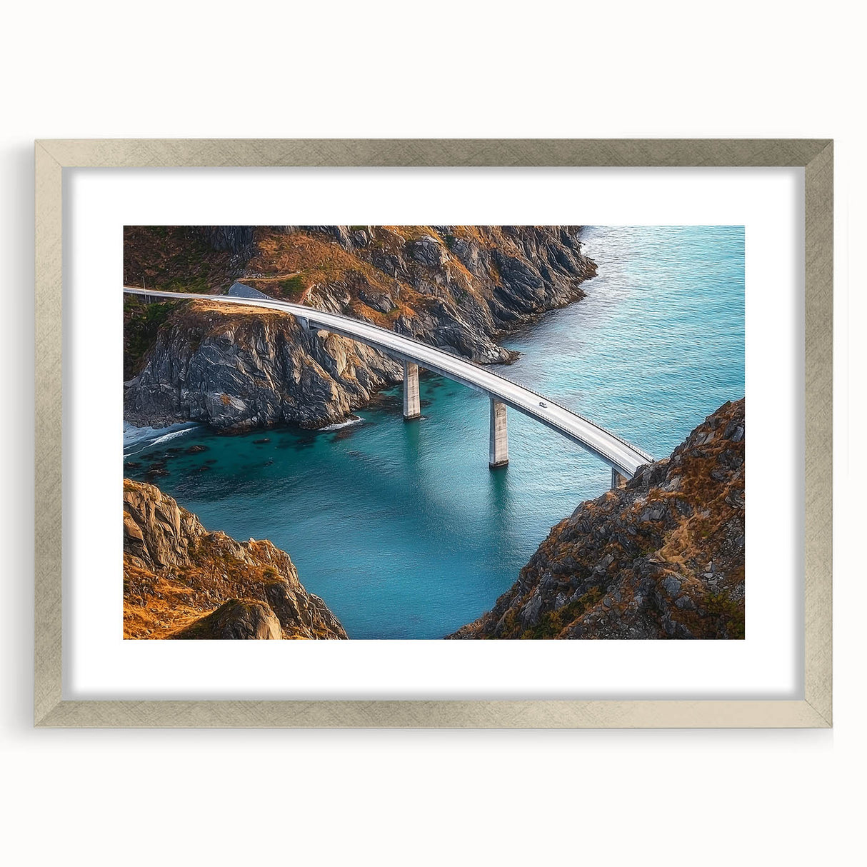 Silver landscape bridge frame with mat, showcasing a modern design perfect for home decor. Ideal for displaying artwork or photographs in a stylish setting.