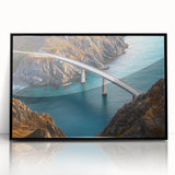 Framed acrylic artwork showcasing a black landscape bridge in a serene setting, emphasizing intricate details and vibrant contrasts for modern decor enthusiasts.