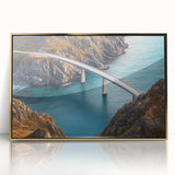 Framed acrylic artwork depicting a stunning landscape bridge with golden accents, showcasing intricate details and vibrant colors against a serene backdrop. Ideal for modern home decor, this piece adds elegance and warmth to any space.