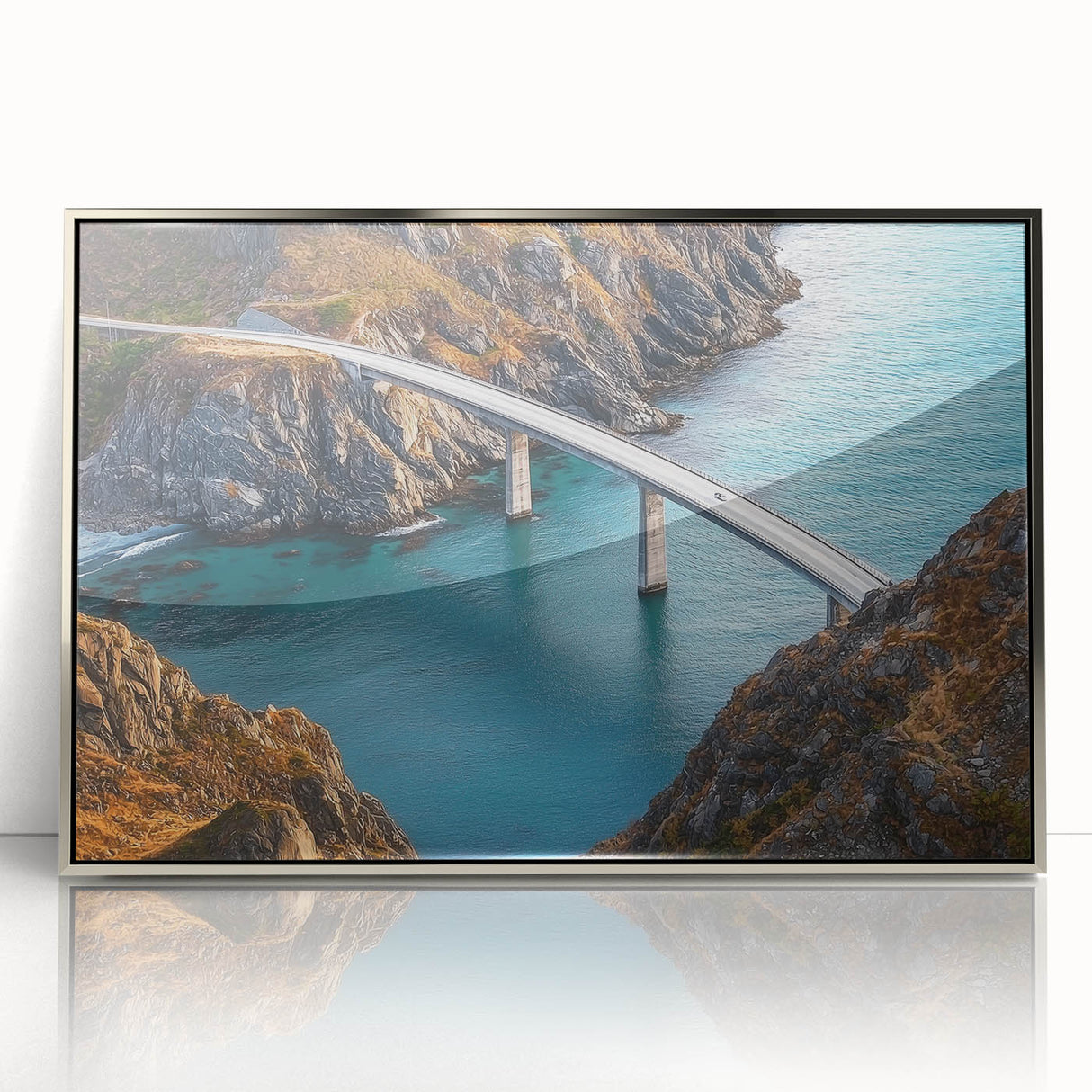 Framed acrylic artwork of a landscape bridge, showcasing a serene river scene with lush greenery and a clear blue sky, perfect for modern home decor.