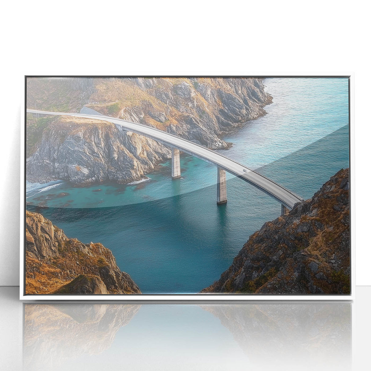 Framed acrylic landscape artwork of a scenic bridge, showcasing vibrant colors and intricate details, perfect for home decor and enhancing interior aesthetics.