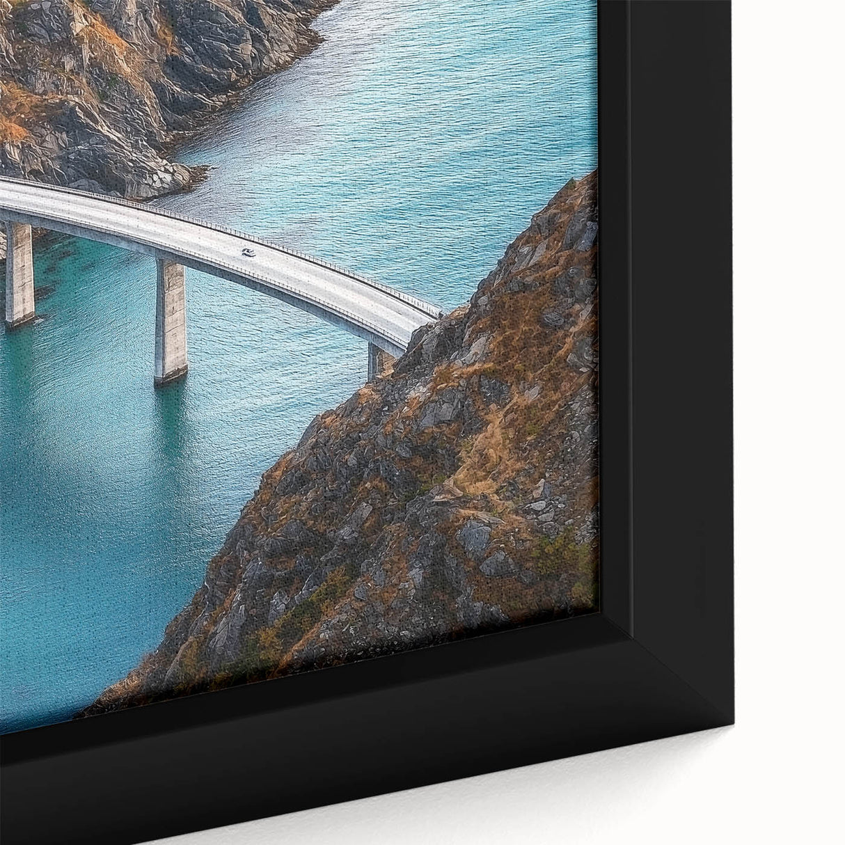 Close-up of a framed canvas depicting a serene landscape bridge scene, showcasing vibrant colors and intricate details, perfect for home decor enthusiasts.