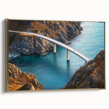 Framed canvas artwork of a landscape bridge, showcasing a golden hue with intricate details, ideal for enhancing home decor with a touch of elegance.