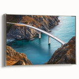 Framed canvas artwork depicting a stunning landscape bridge in silver hues, showcasing intricate details and depth, perfect for modern home decor.