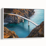 Framed canvas artwork showcasing a serene landscape bridge scene, featuring a white frame. The vibrant colors and detailed textures create a tranquil atmosphere, ideal for home decor.