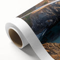 Rolled canvas artwork showcasing a vibrant landscape bridge design, featuring rich colors and intricate details, packaged securely in a durable cardboard tube.