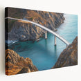Stretched canvas artwork depicting a serene landscape bridge scene, showcasing lush greenery and a vibrant sunset, perfect for home decor or office ambiance.