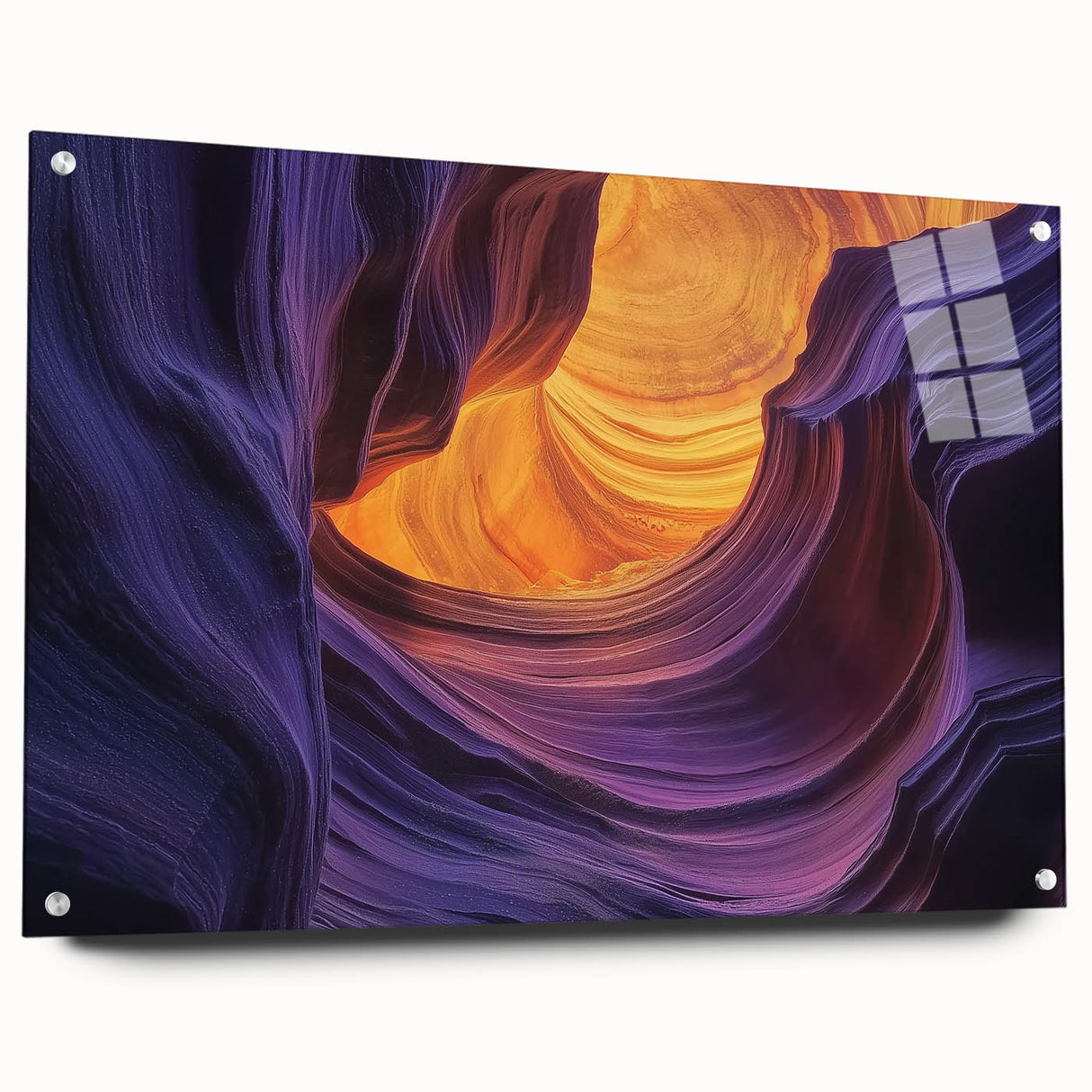 Acrylic landscape artwork showcasing vibrant canyons, displayed from a side view with decorative pins. Ideal for modern home decor, this piece adds a colorful touch to any room.