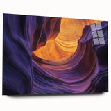 Acrylic landscape artwork depicting vibrant canyons in rich earth tones, showcased from a side view, highlighting its smooth glass finish and detailed textures.