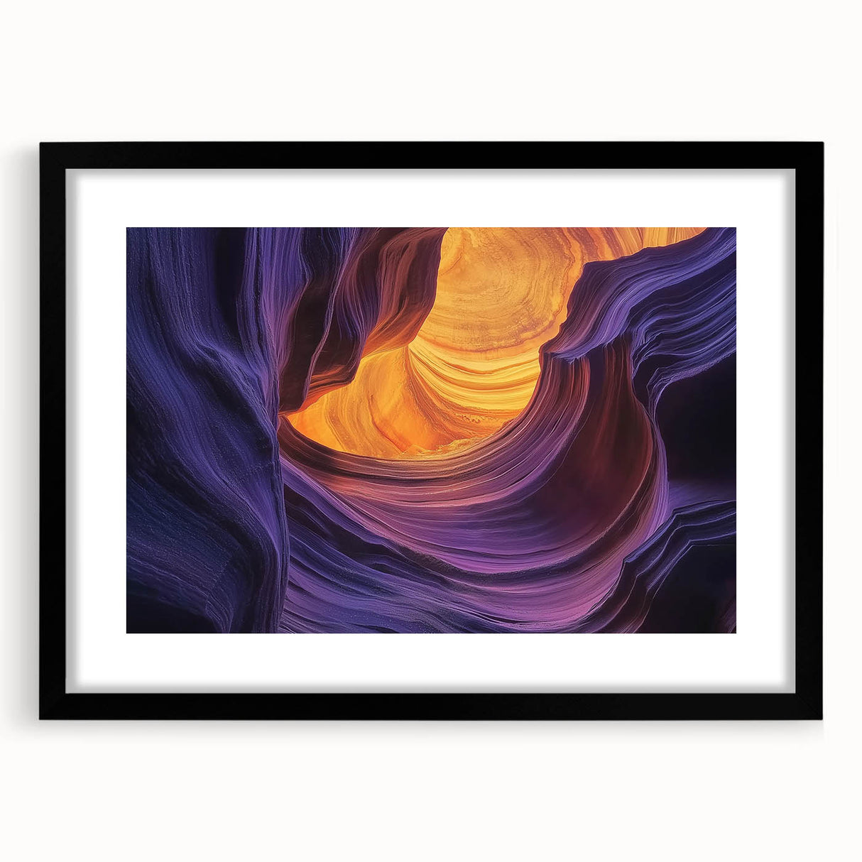 Black-framed landscape print showcasing stunning canyon vistas, featuring a white mat for added elegance, perfect for home or office decor.
