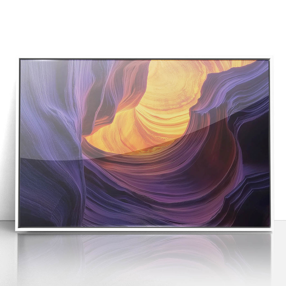 Framed acrylic landscape artwork depicting vibrant canyons with rich earthy tones, set in a sleek white frame, perfect for modern home decor.