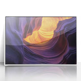 Framed acrylic landscape artwork depicting vibrant canyons with rich earthy tones, set in a sleek white frame, perfect for modern home decor.