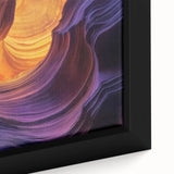 Close-up view of a framed landscape canvas artwork showcasing vibrant canyons with rich earthy tones, perfect for enhancing home decor and creating a serene atmosphere.
