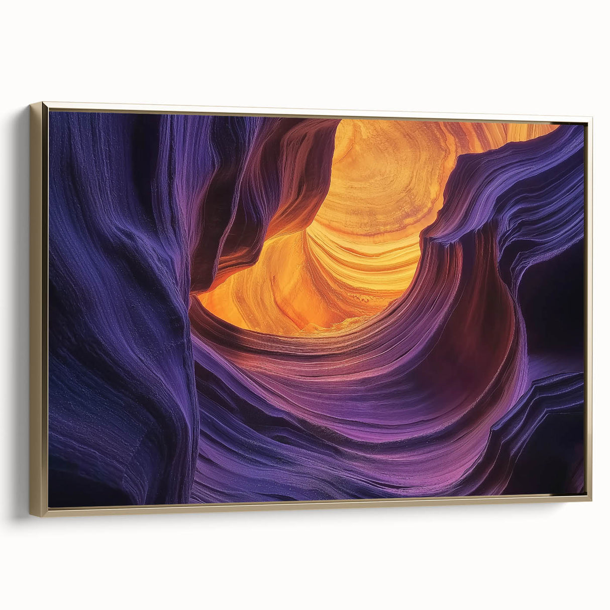 Framed canvas artwork depicting a serene landscape of canyons with rich gold accents, showcasing intricate details and textures, ideal for enhancing home decor.