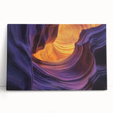 Stretched canvas artwork depicting a vibrant landscape of canyons at sunset, showcasing rich orange and purple hues, perfect for home decor and nature lovers.