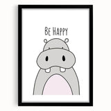 Be Happy Hippo Nursery Wall Art – Baby Room & Kids Decor Print