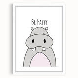 Be Happy Hippo Nursery Wall Art – Baby Room & Kids Decor Print