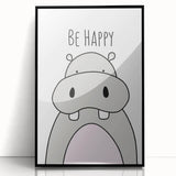 Be Happy Hippo Nursery Wall Art – Baby Room & Kids Decor Print