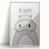 Be Happy Hippo Nursery Wall Art – Baby Room & Kids Decor Print