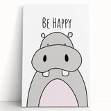 Be Happy Hippo Nursery Wall Art – Baby Room & Kids Decor Print