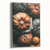 Landscape art painting of a fall scene on framed canvas, featuring a vintage poster style with a palette of orange and black.