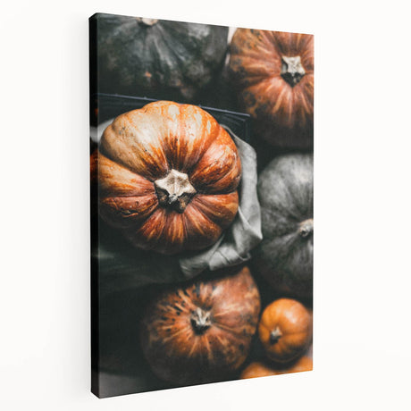 Side view of a large stretched canvas depicting a fall landscape in earthy tones, ideal for kitchen wall art.