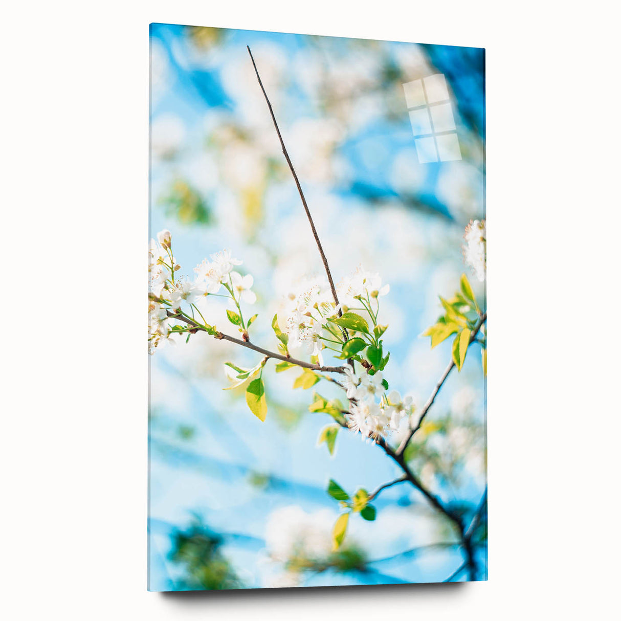 Large abstract wall art on acrylic glass featuring swirling blue and green hues, ideal for bedroom or dining room decor.