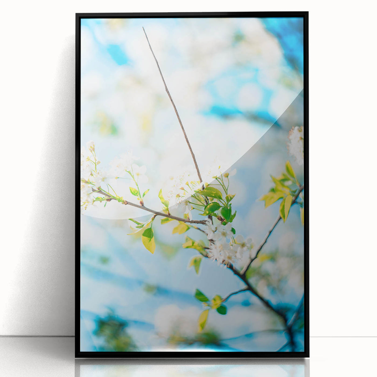 Large abstract wall art depicting spring season in mid-century modernist style, framed in black acrylic.