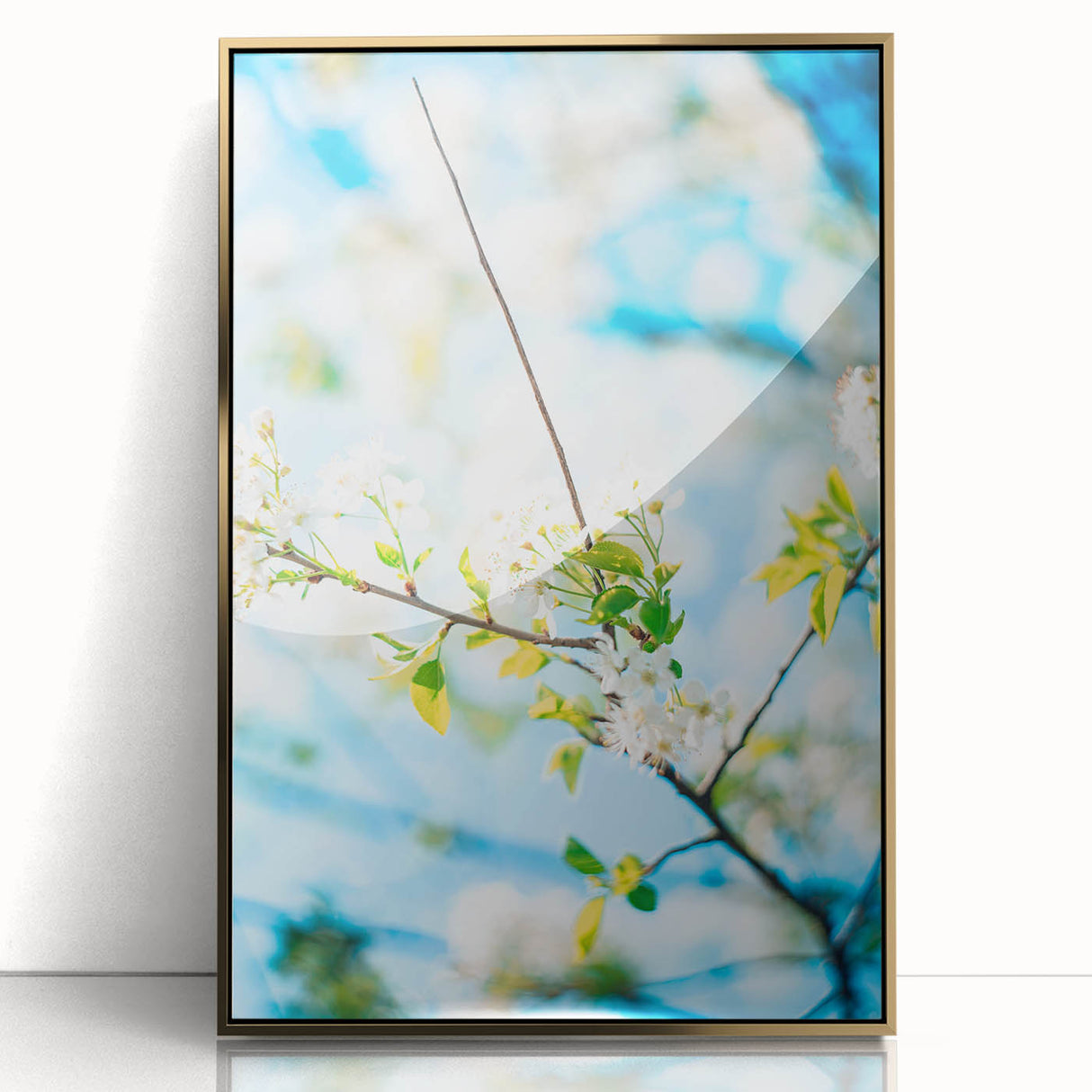 Large art print of a mid-century modernist spring scene in pastel shades, framed in gold acrylic.