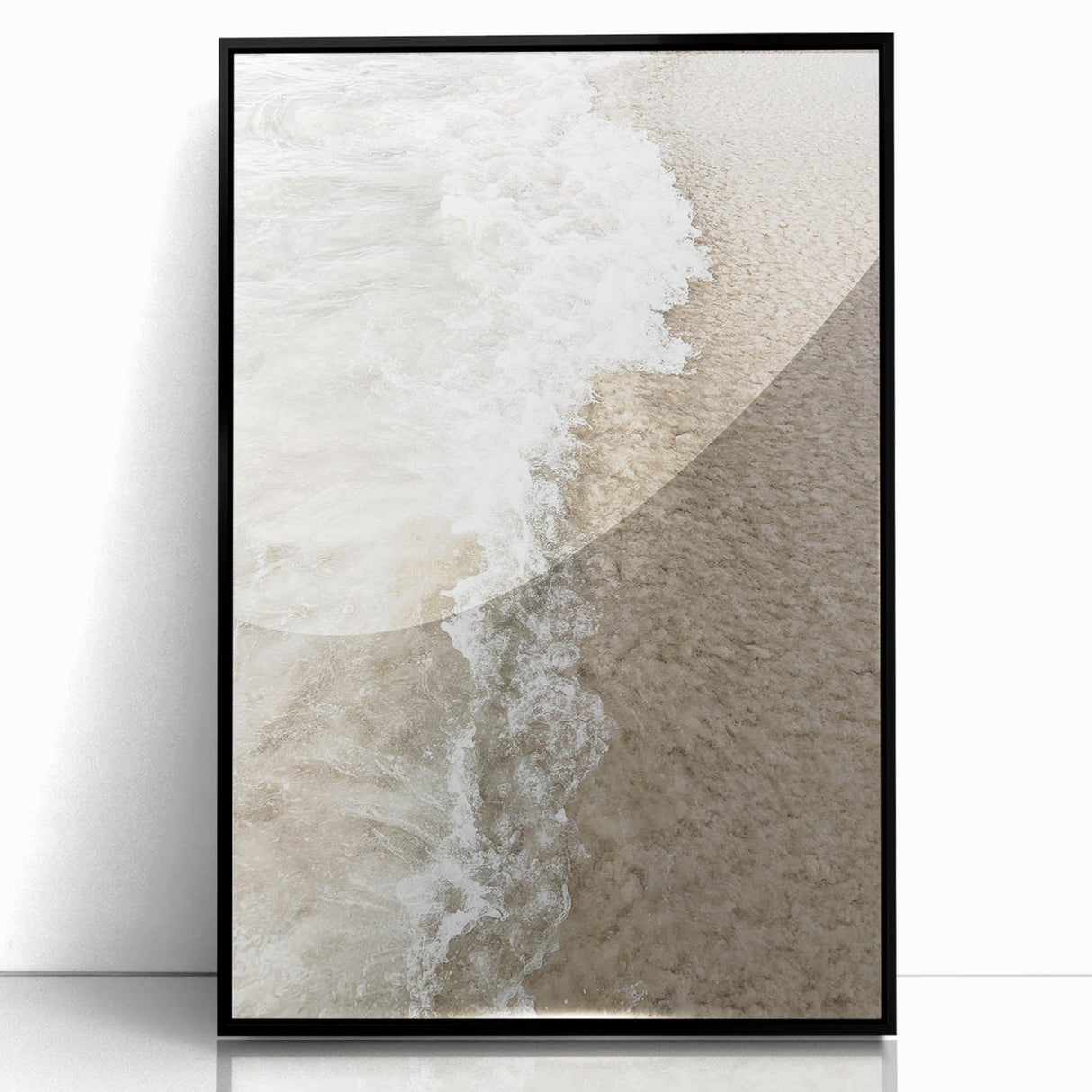Large abstract wall art in mid-century modernist style, featuring swirling blue and orange hues on a framed acrylic print.