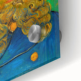 Large abstract wall art depicting swirling patterns in blue and yellow on acrylic glass, suitable for dining room ambiance.